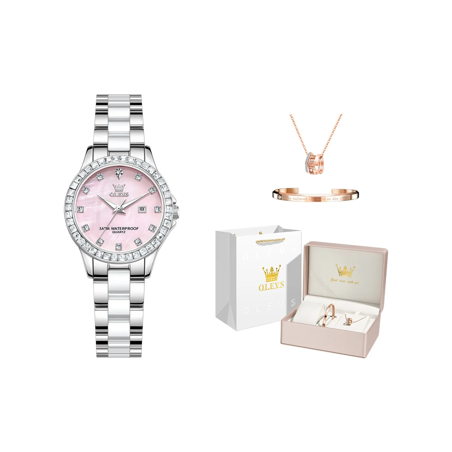 OLEVS Кварцевый механизм Часы Женские Розовый циферблат