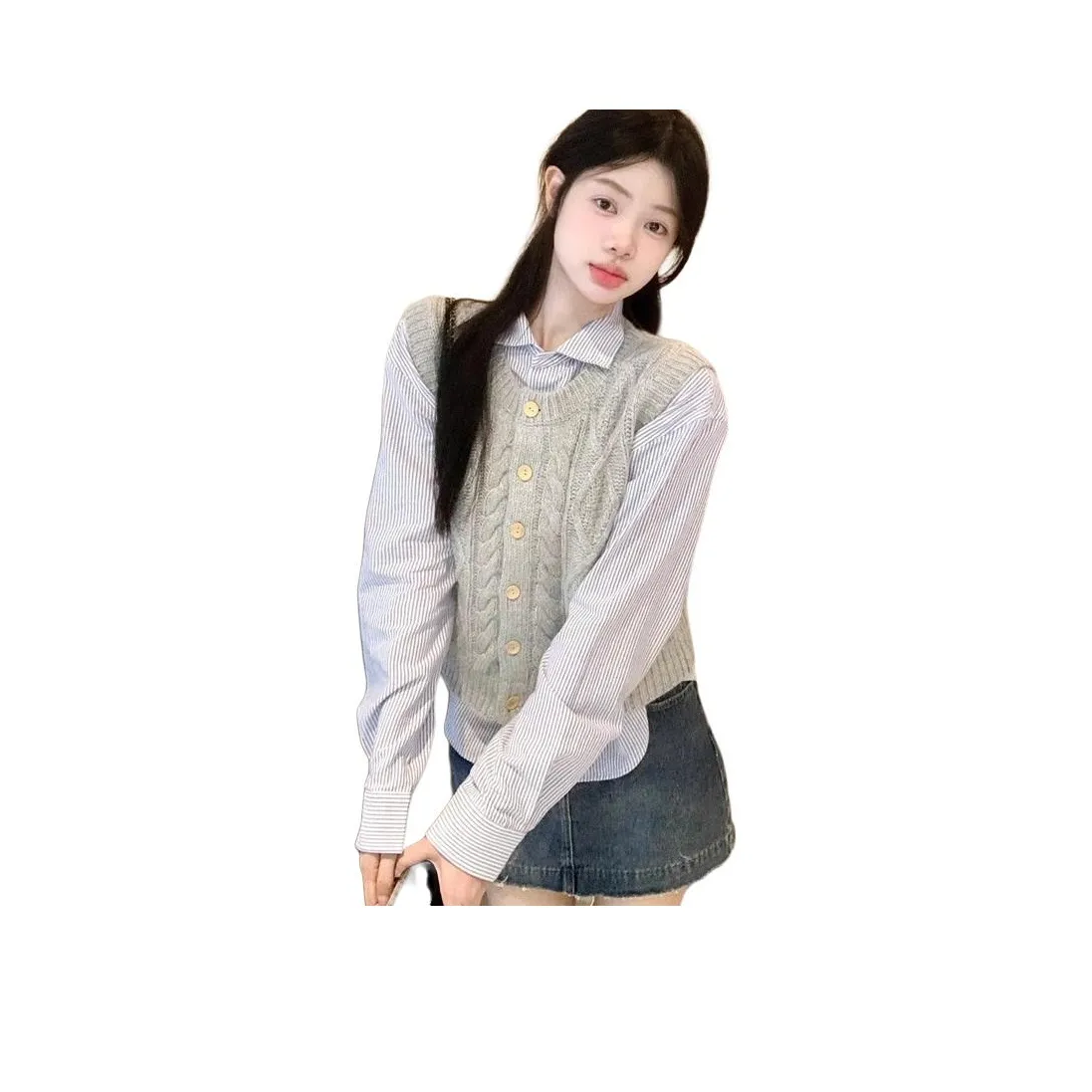 REMOULD Серый Двойной Пиджак + Полосатая Рубашка Женская Трикотаж