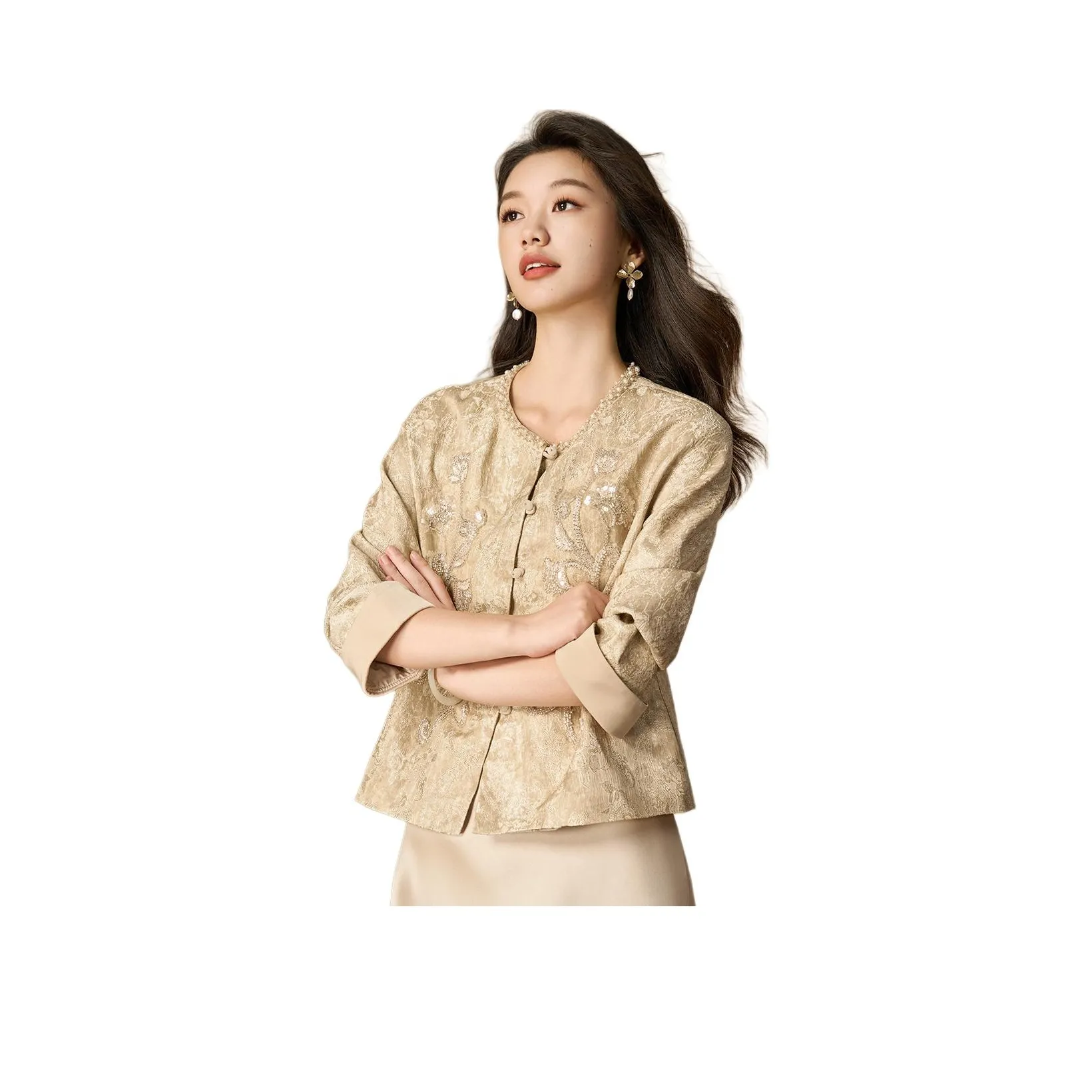 Mylan Абрикос [Плотный с бусинами дизайн] Женское короткое пальто