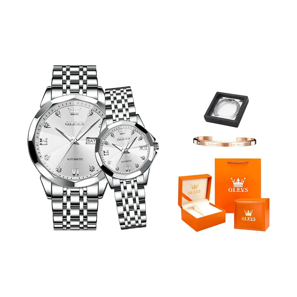 OLEVS Mechanical Movement Stainless Steel Watchband Watch Unisex White Dial