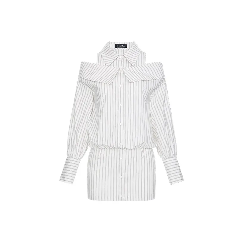 HYTE MOLY Серый Белый Полосы Женские Длинные Рукава Платья