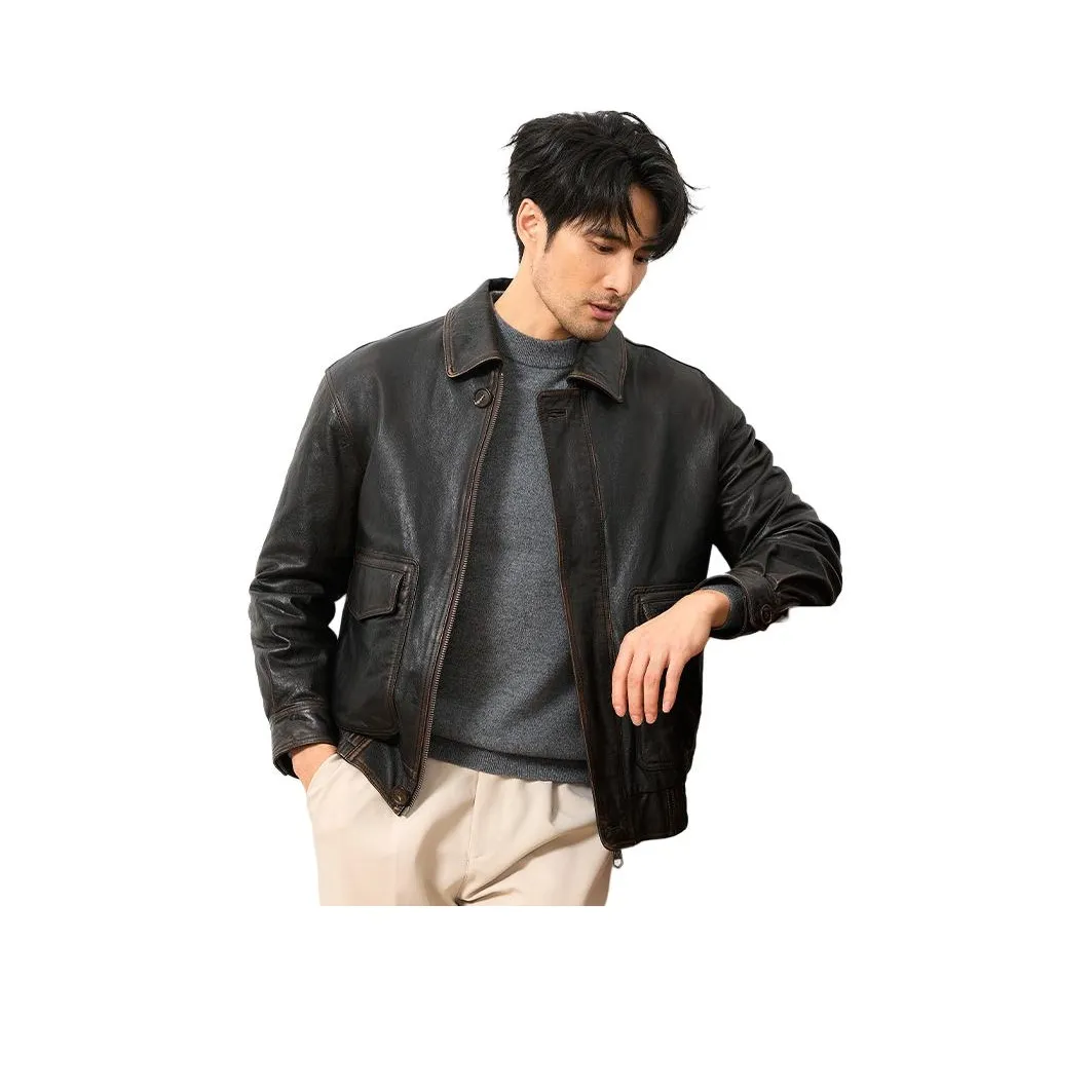 JIMU Бронза Коричневый Мужская Кожаная Куртка