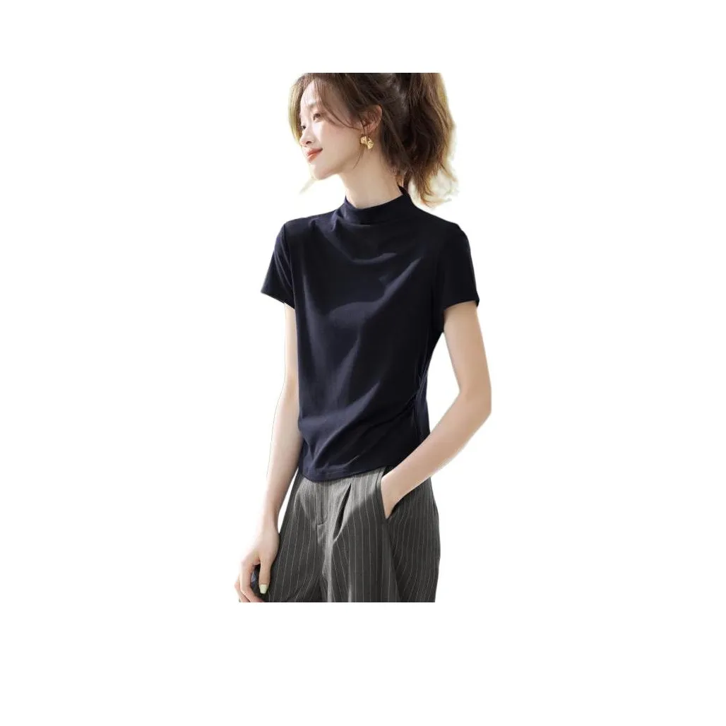 Mo Han Yi Mei Темно-синий Синий с утяжкой на талии Плиссированные Женские T-рубашки