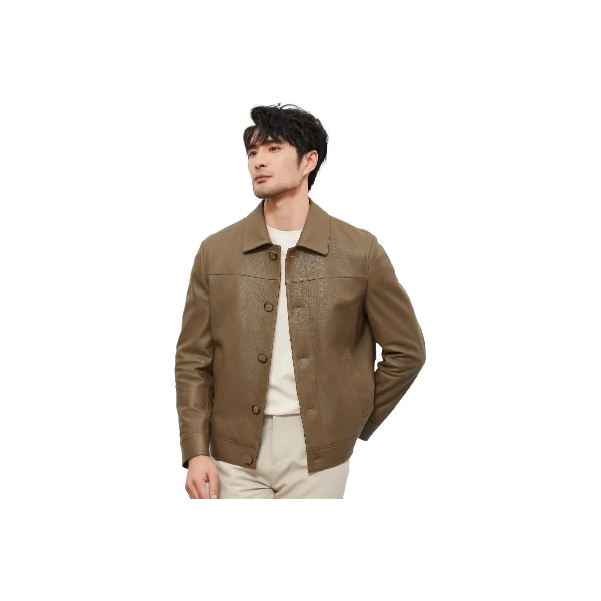 JIMU Первый слой Козья кожа Натуральная кожа Мужская Укороченная Облегающая крой Отложной воротник Куртка Бизнес Пальто Мужской