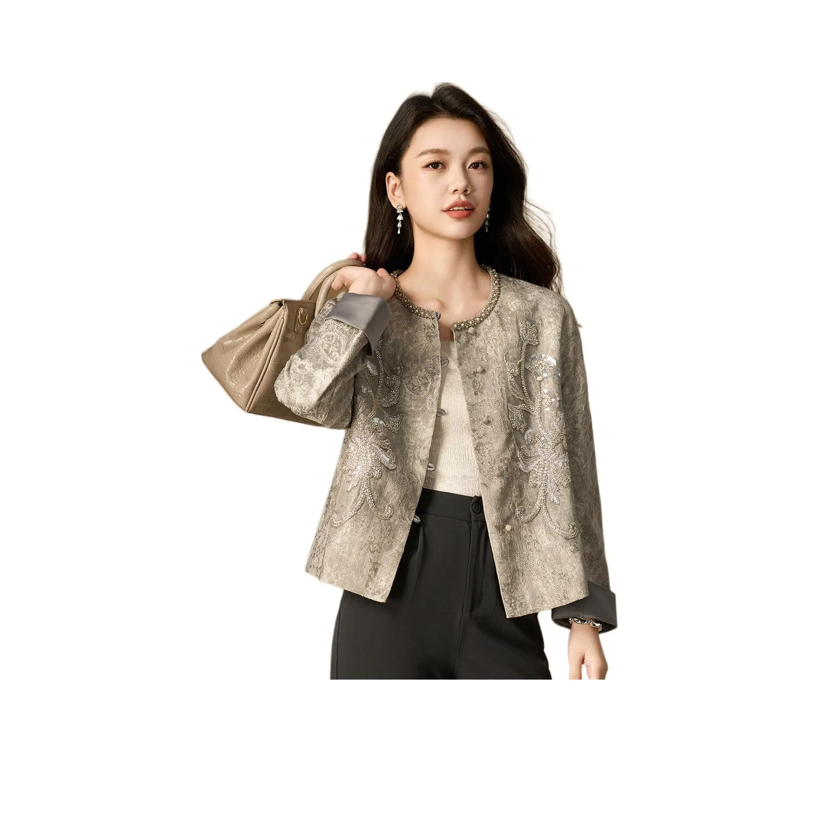 MEILANNI Серый [Плотный бусины дизайн] Женское короткое пальто