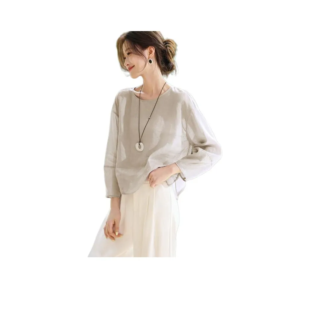 Mo Han Yi Mei Linen Ecru Women's Shirts