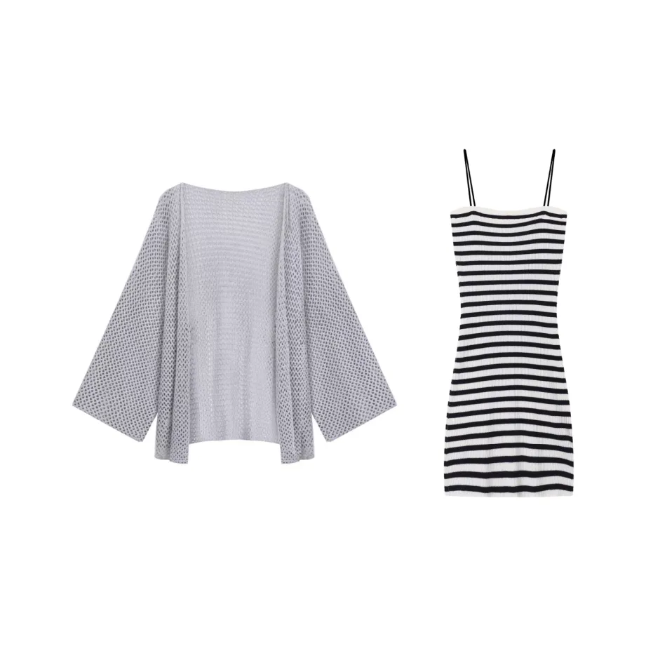 GORGEOUSIDEA Серый Куртка + Полосатое Платье-камзол Женские Комплекты с Юбкой