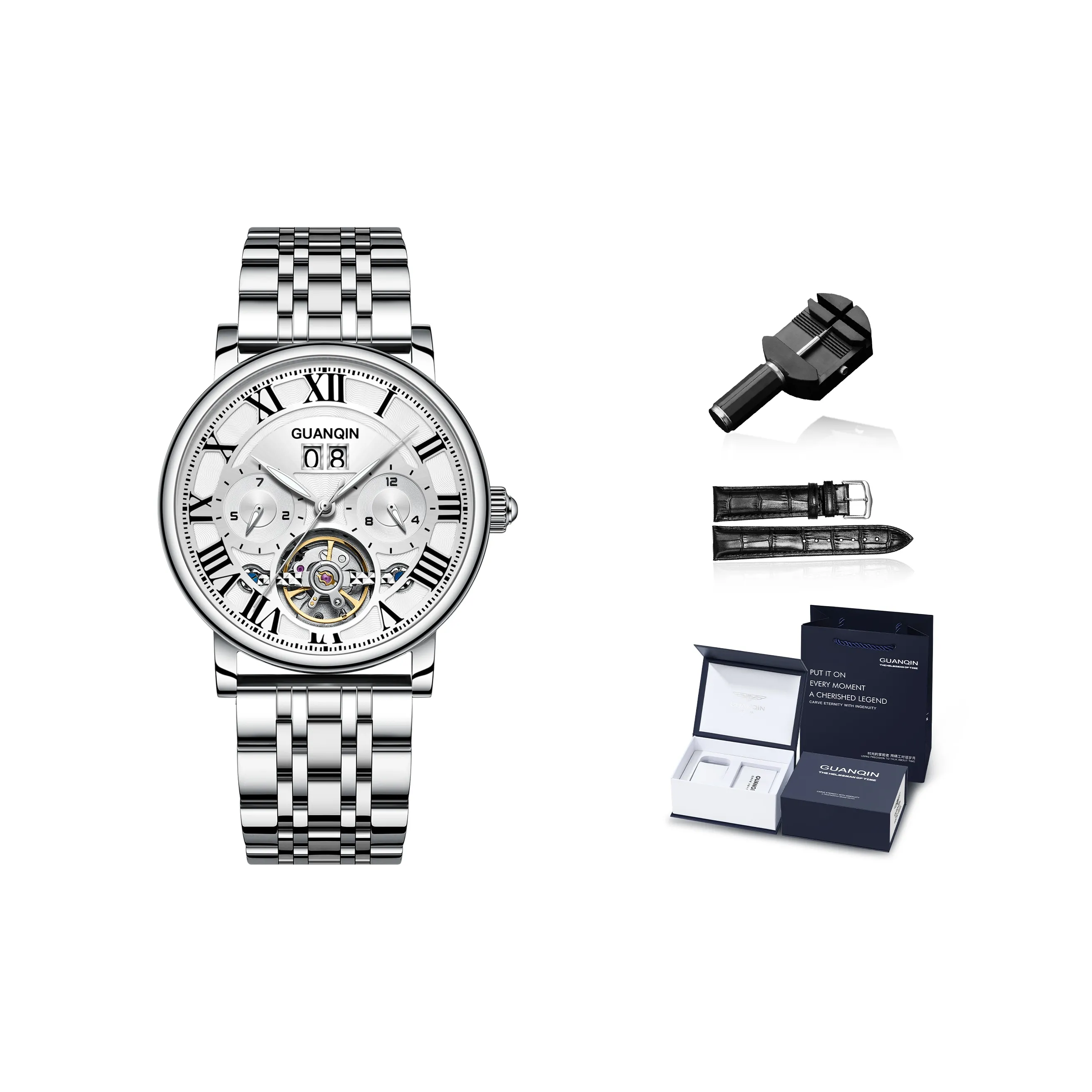 GUANQIN Автоматический Механический Механизм Нержавеющая Сталь Ремешок Часы Мужские Белый Циферблат