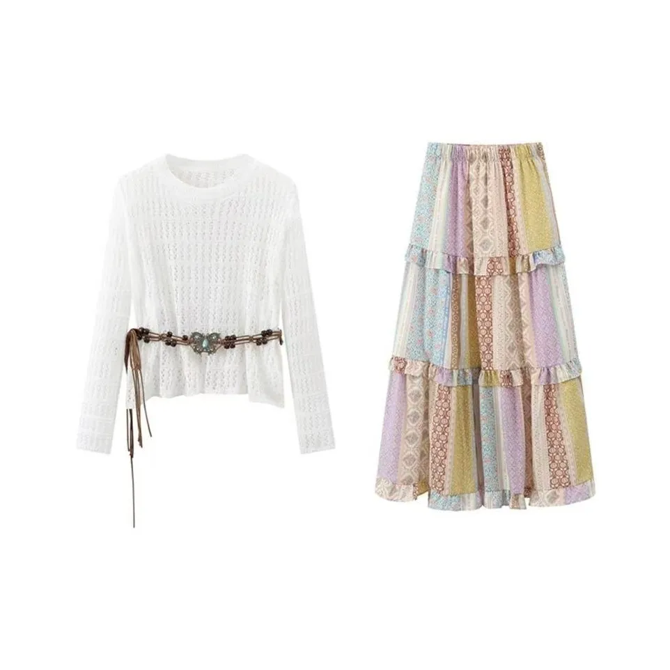 ACJL Этнический стиль Юбка Cut Out Топ Двухкомпонентный Комплект Женские