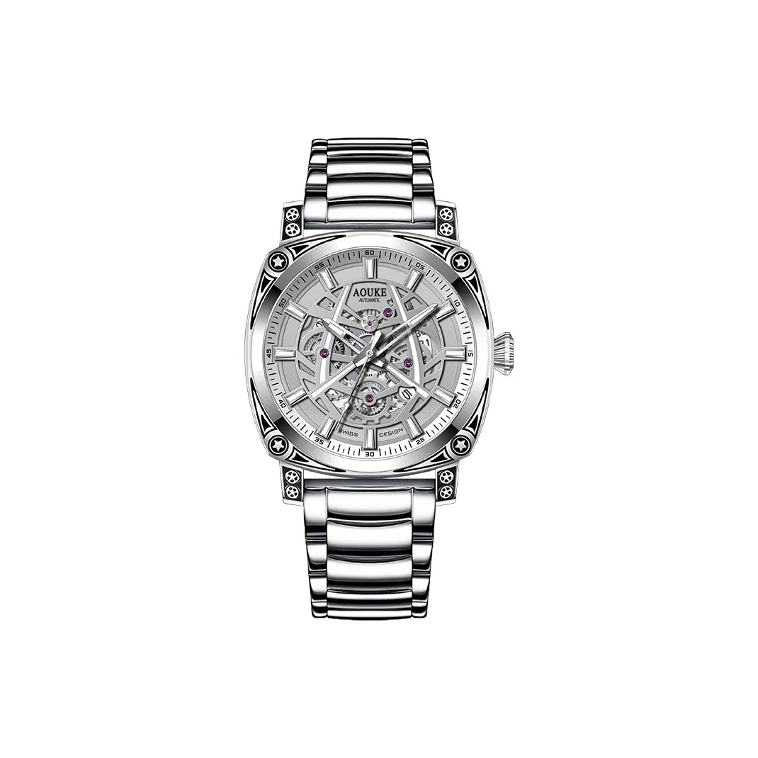 AOUKE Кварцевый автоматический механический механизм ремешок из нержавеющей стали мужские часы серебристый циферблат