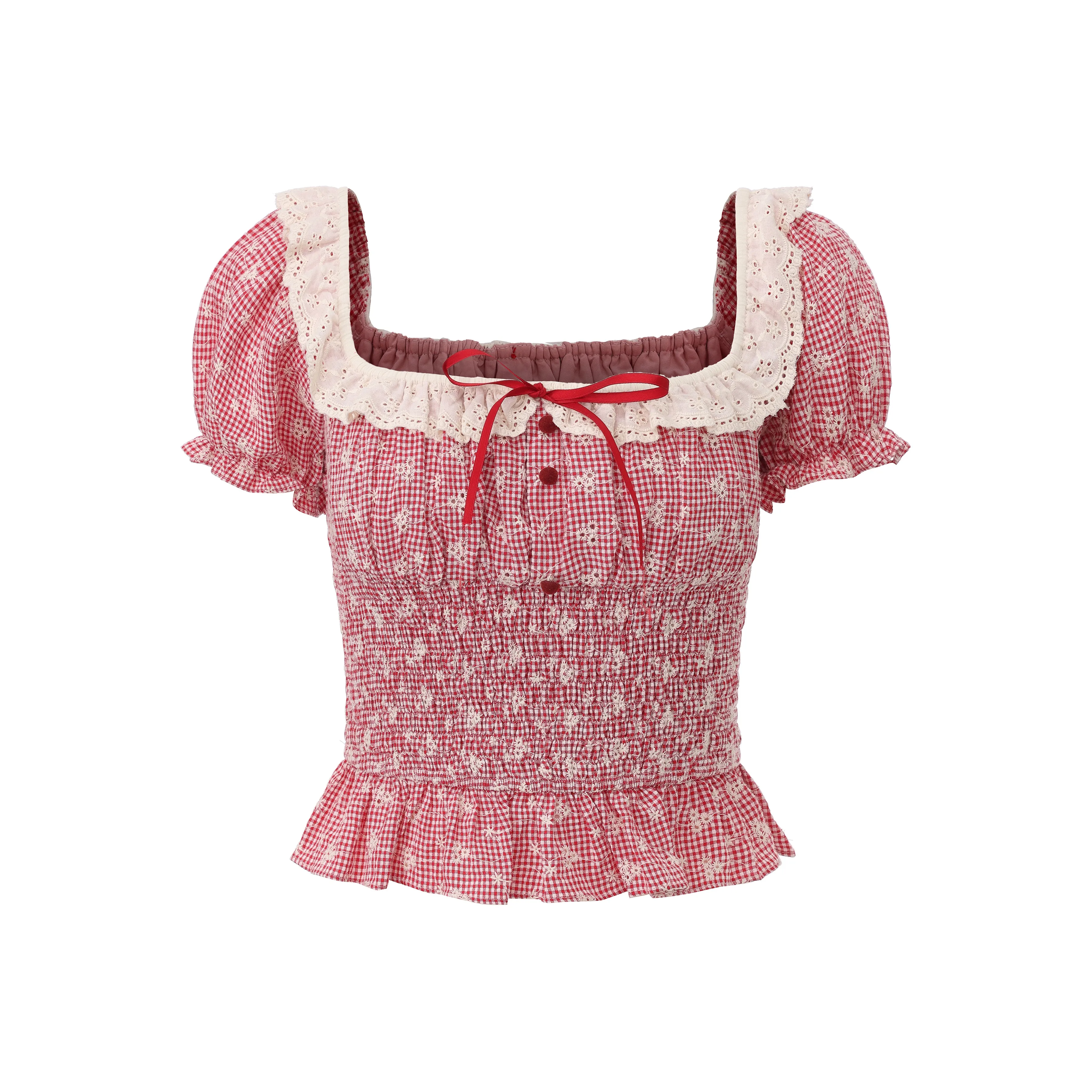 CHIWAWAMEME Ягодно-красный Клетчатый с принтом Женские T-рубашки