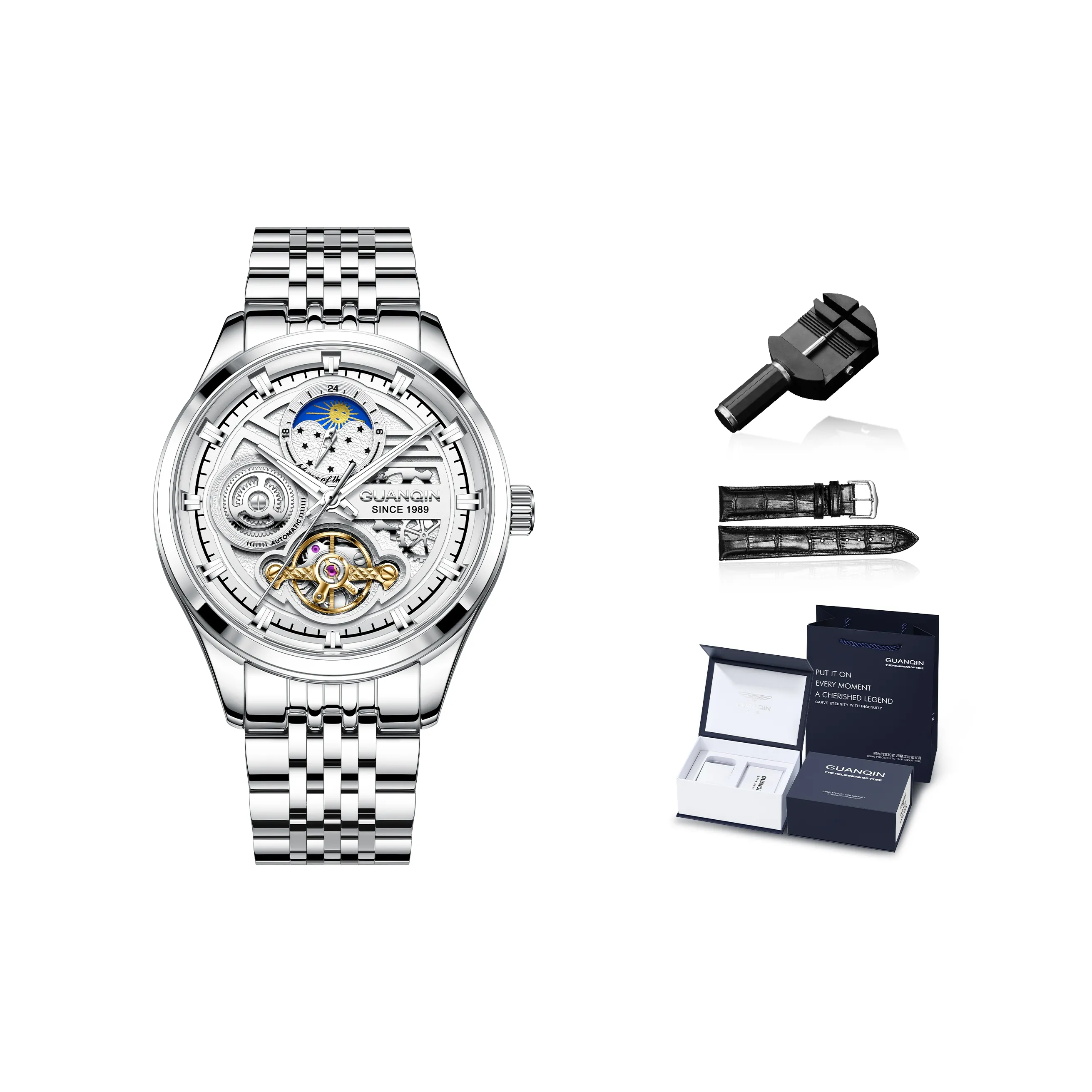 GUANQIN Star Gazer Collection Автоматический Механический Механизм Нержавеющая Сталь Ремешок Часы Мужские Серебристый Циферблат