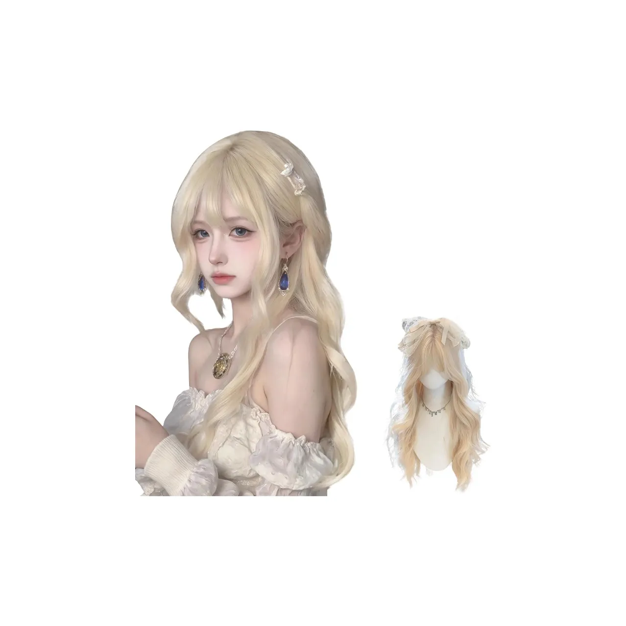 Northward Incline Белый золотой Большая волна Длинный Волосы Bangs Женская Перука Высокая температура Пряжа