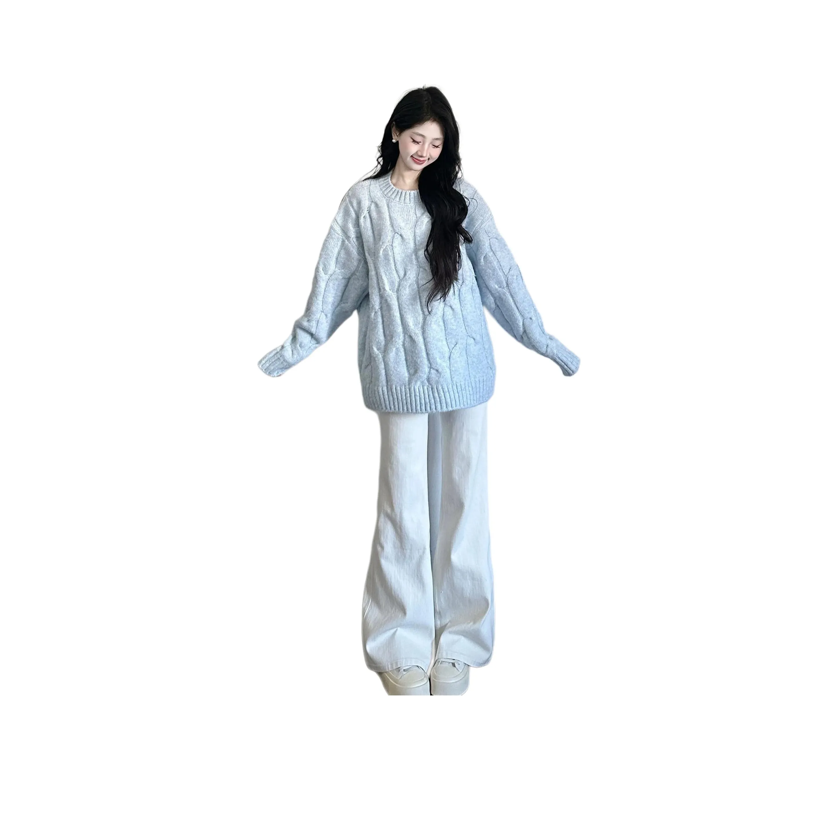 REMOULD Синий Свитер + Белые Джинсы Женские Повседневные Костюмы