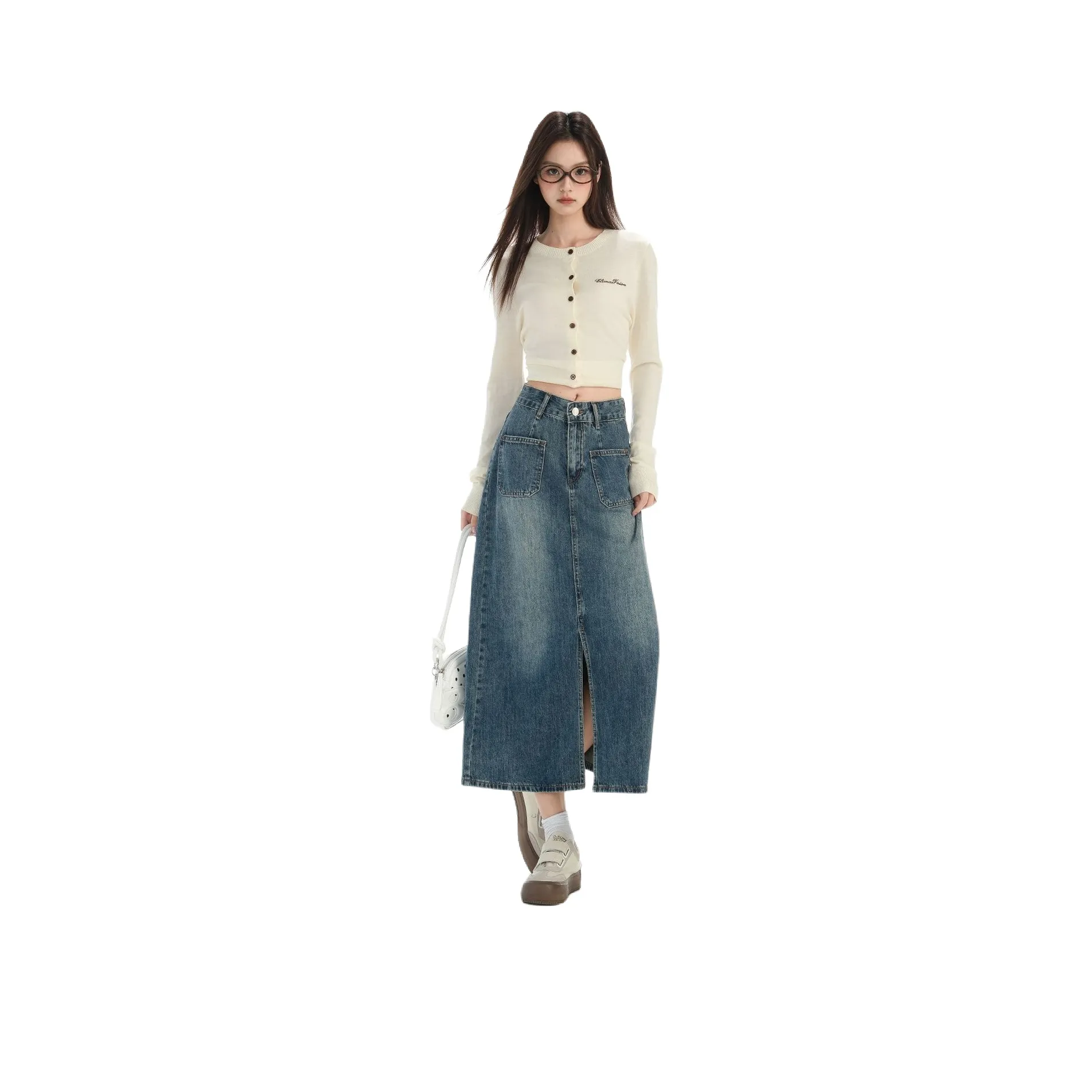 ZXBY Ностальгический синий Женские джинсовые длинные юбки