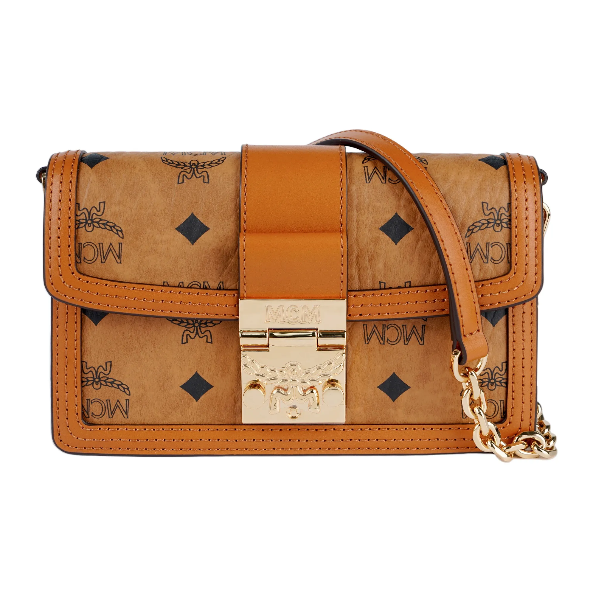 MCM Tracy Visetos Cow Leather Shoulder Bag, Crossbody Bag Mini Women's Brown Cognac