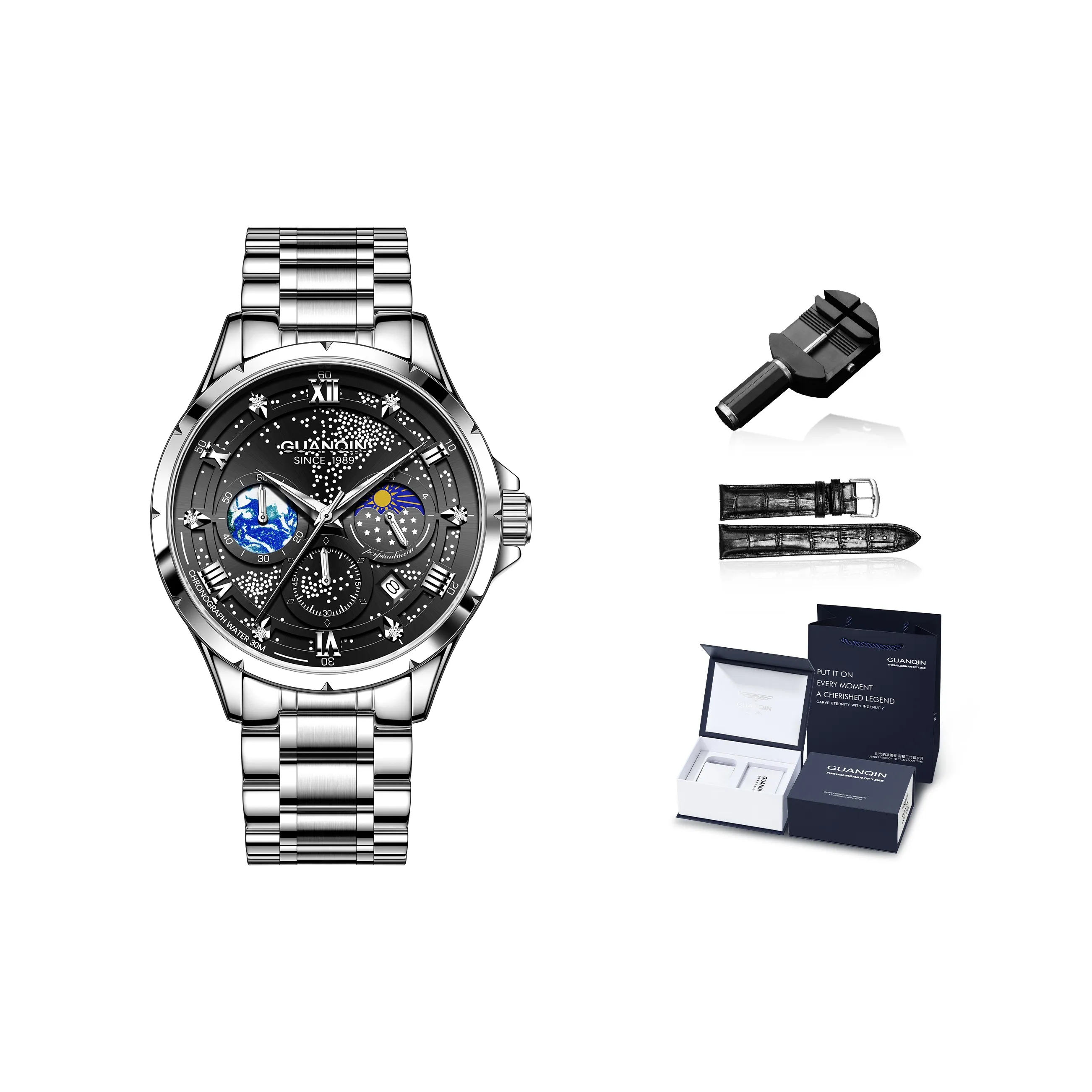 GUANQIN Starry Sea Collection Кварцевый механизм Нержавеющая сталь Ремешок Часы Мужские Часы Синий циферблат