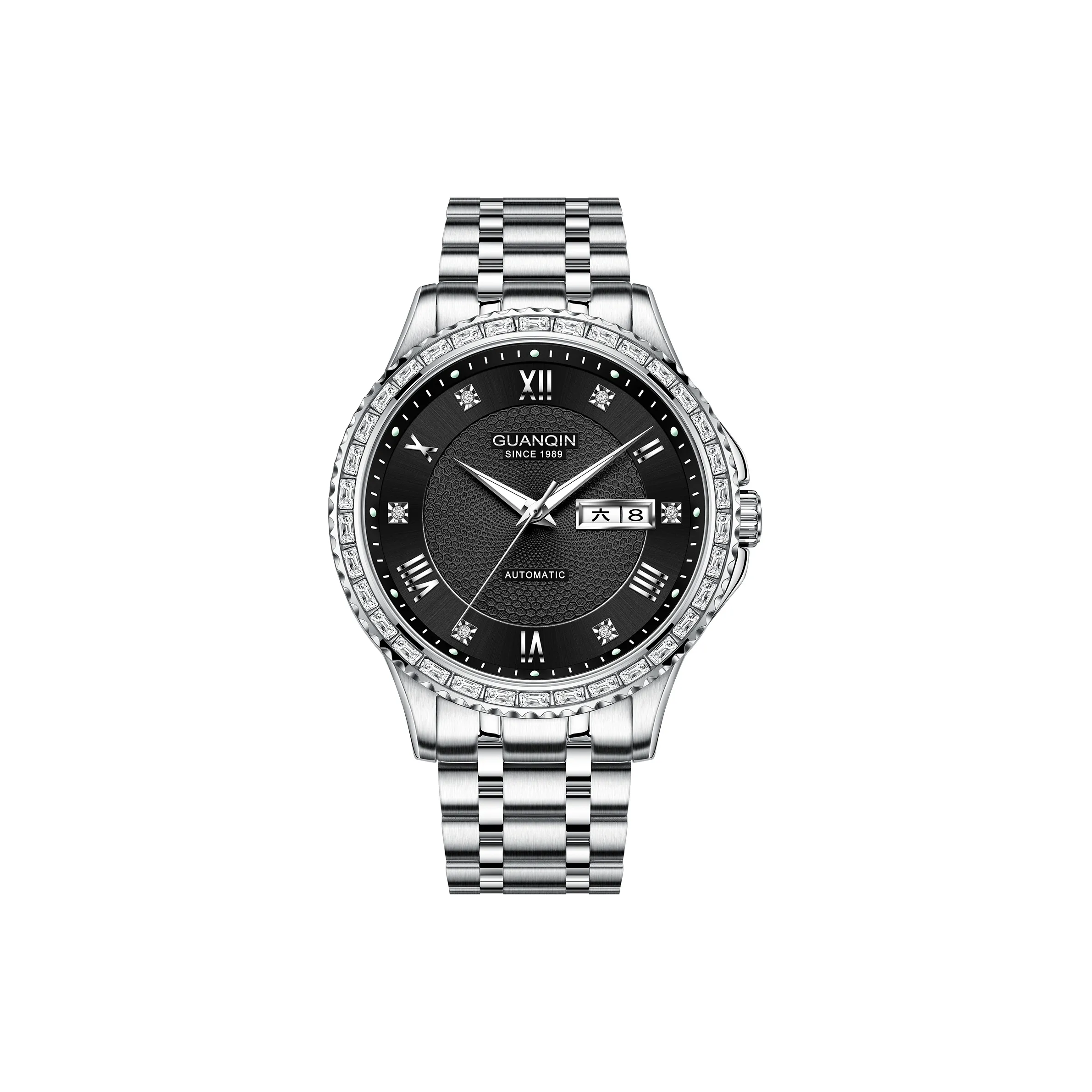 GUANQIN Автоматический Механический Механизм Нержавеющая Сталь Ремешок Часы Мужские Черный Циферблат
