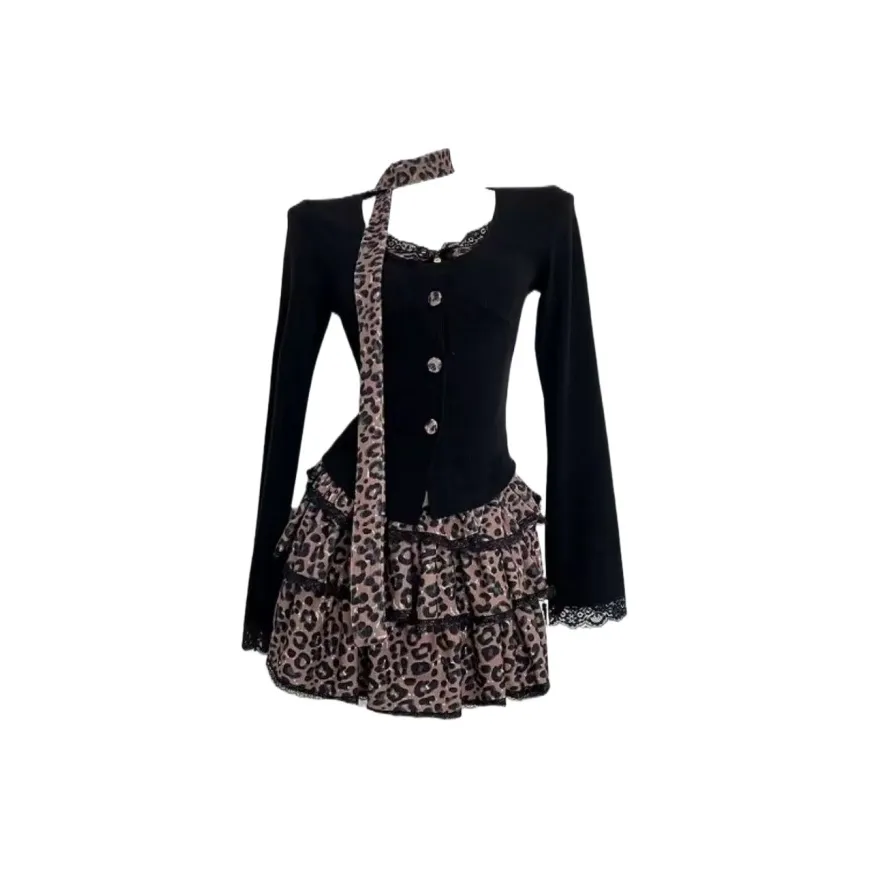 YGPRW Черный топ + Юбка с леопардовым принтом женский комплект с юбкой