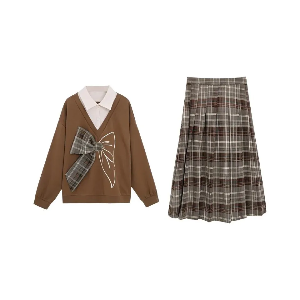 DANCANG Бант Свитшот Клетчатый Юбка Облегающий крой Комплекты Одежды Женские