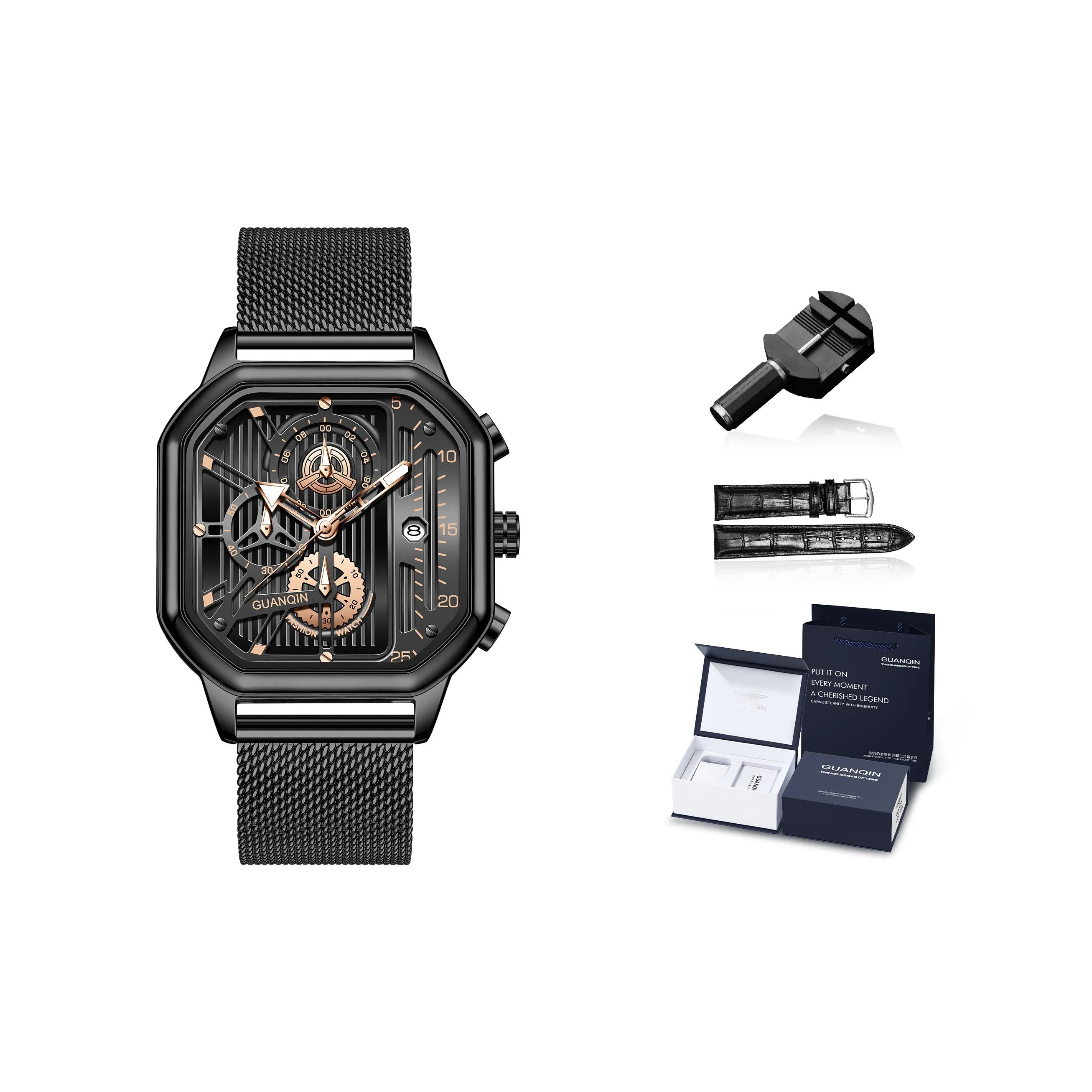 GUANQIN Big Explosion Collection Кварцевый механизм ремешок из нержавеющей стали черный циферблат мужские часы