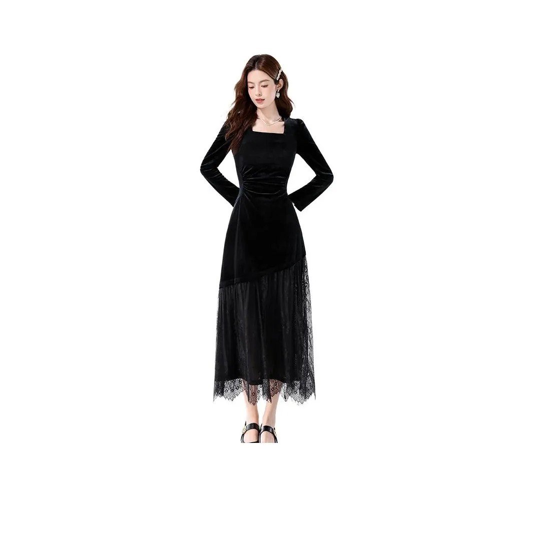 MM Черный Женские Длинные Платья с Длинными Рукавами