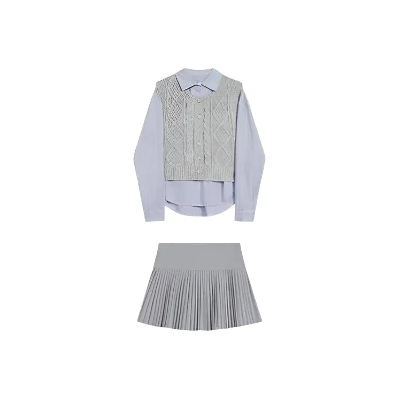 MO VOICE Серый Жилет + Синие Полосы Рубашка + Серый Короткий Комбинация Высокого Качества Женские Комплекты с Юбкой