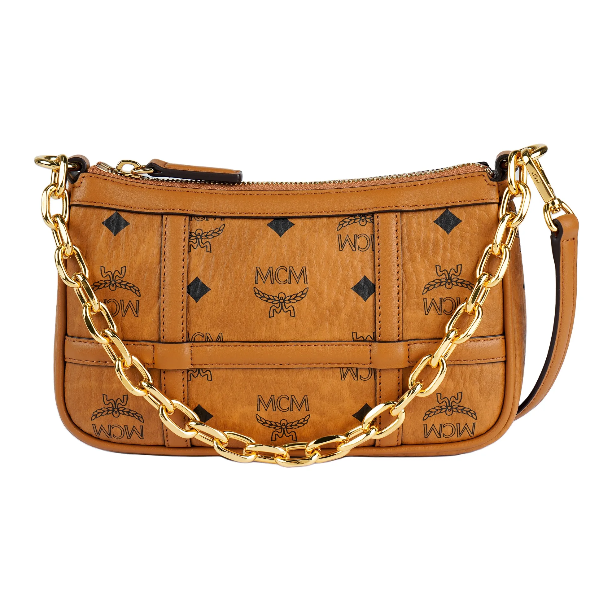 MCM Delmy Visetos Artificial Leather Pochette, Shoulder Bag, Crossbody Bag Mini Women's Cognac