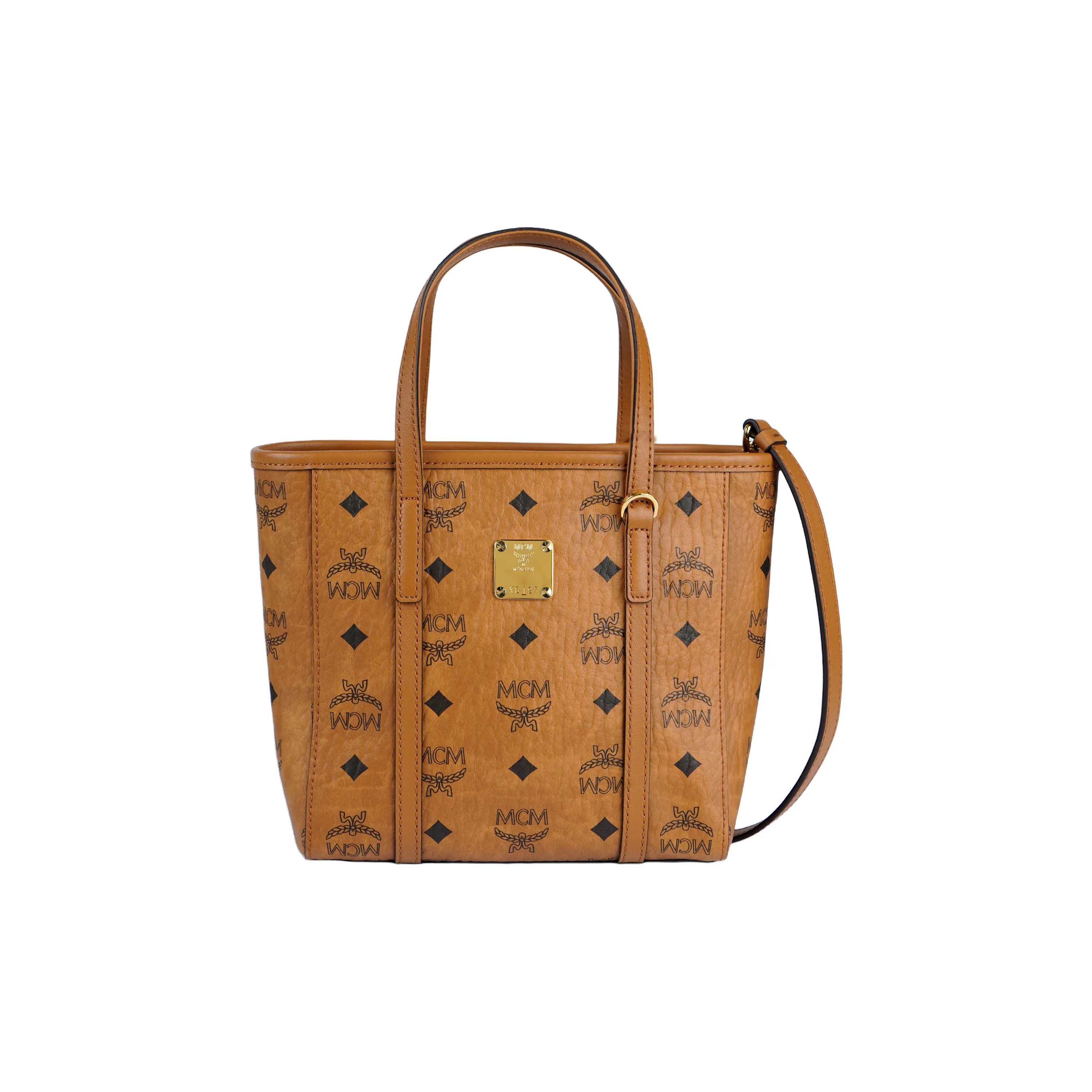 MCM Toni Mini Shopper Bag Visetos Monogram Coated Canvas Cognac