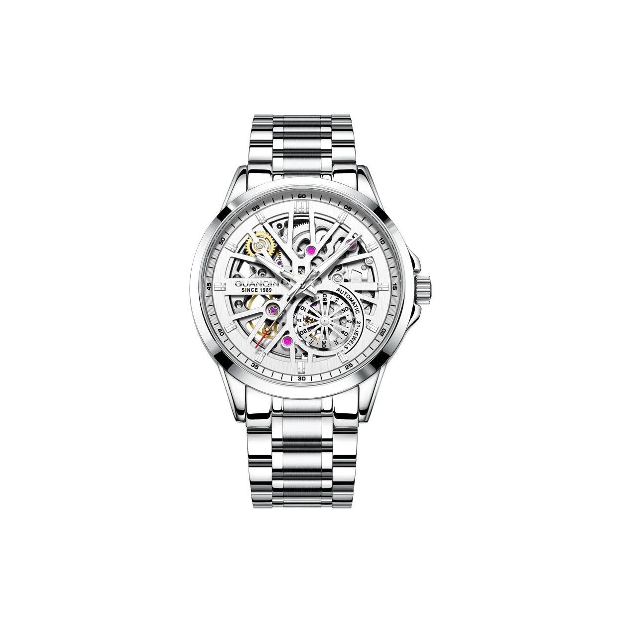 GUANQIN Автоматический механический механизм ремешок из нержавеющей стали часы для мужчин циферблат с открытым механизмом