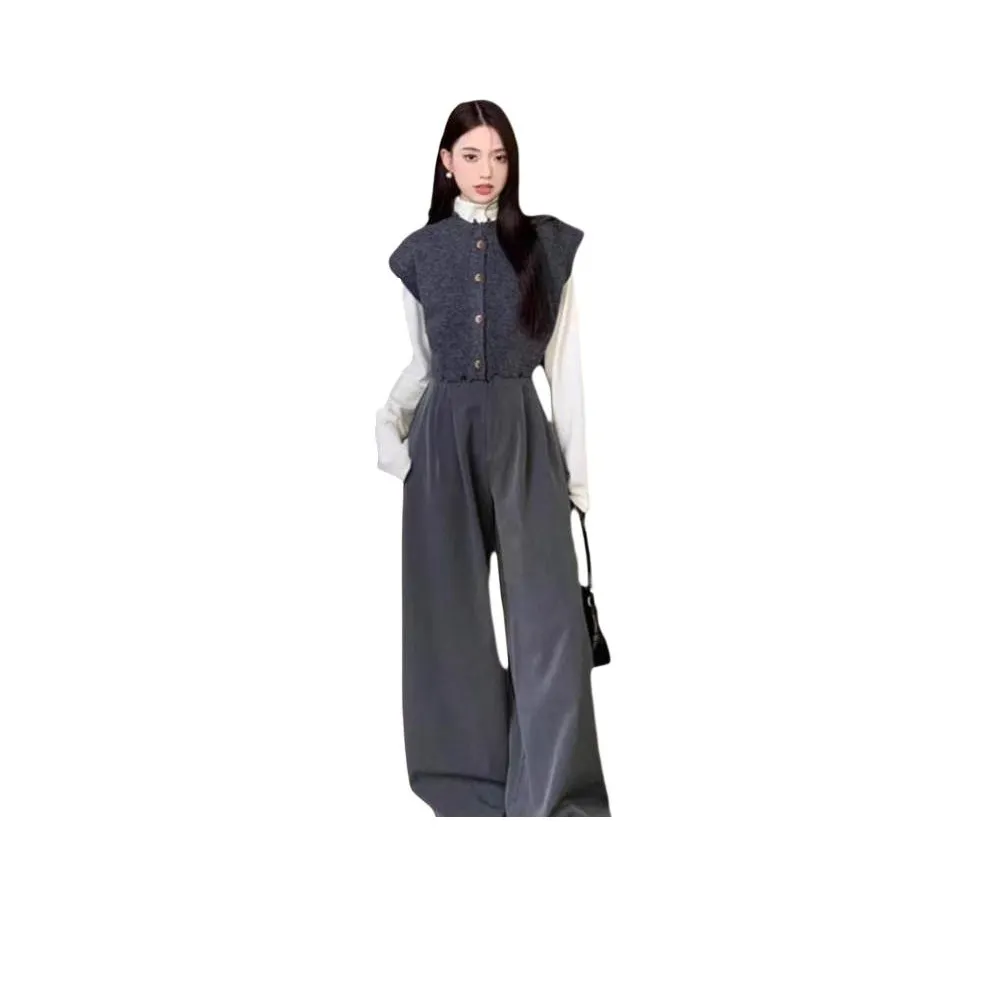 REMOULD Серый жилет + Серые широкие штаны + Белая основа Layer Женские повседневные костюмы