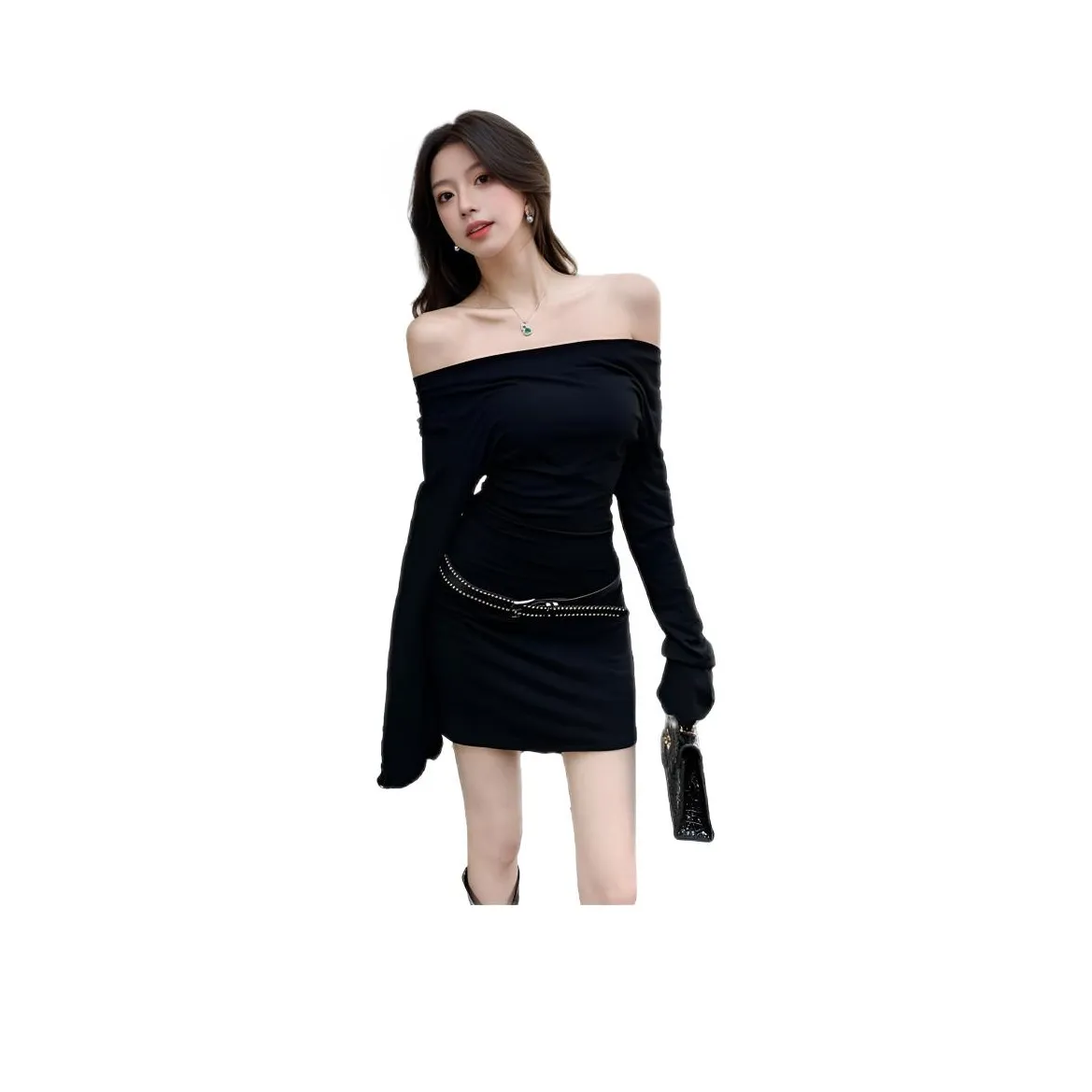 TONYBEAR Черный с ременем женские короткие с рукавами платья