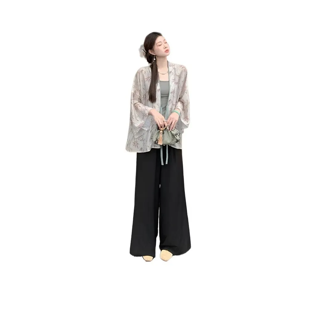 REMOULD Цветочный кардиган + Зеленый топ на бретелях + Черные штаны Женские повседневные костюмы