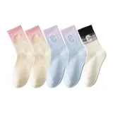 C 자수 크루 삭스 5팩 세트 (2 핑크 + 2 퍼플 + 1 화이트 블랙)