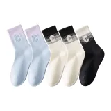 C 자수 크루 삭스 5팩 세트 (2 퍼플 + 2 화이트 블랙 + 1 블랙 화이트)