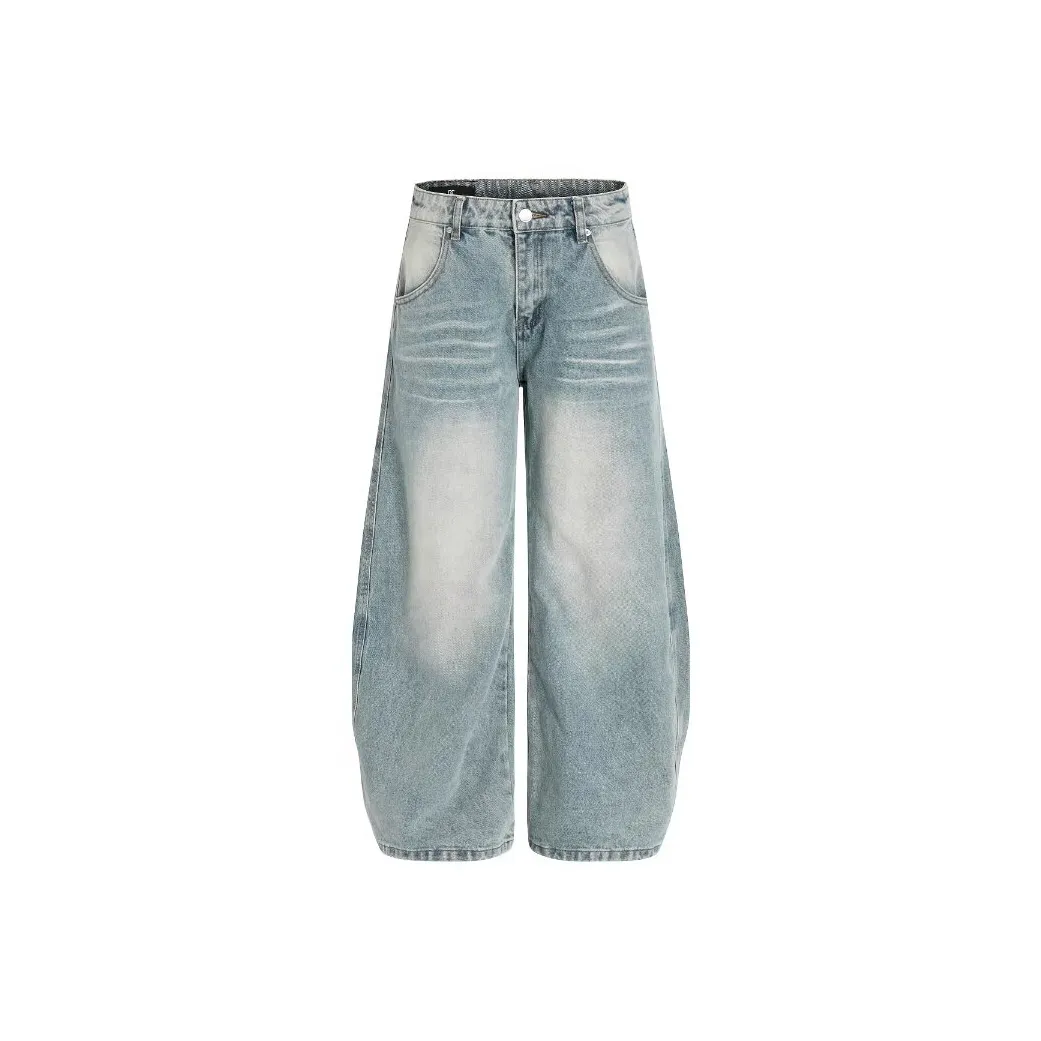 NRXX Мужская одежда Американский винтаж Промытый Состаривание Джинсы Студенты Прямой крой Широкие брюки Драпированный Этаж Длина Мужская