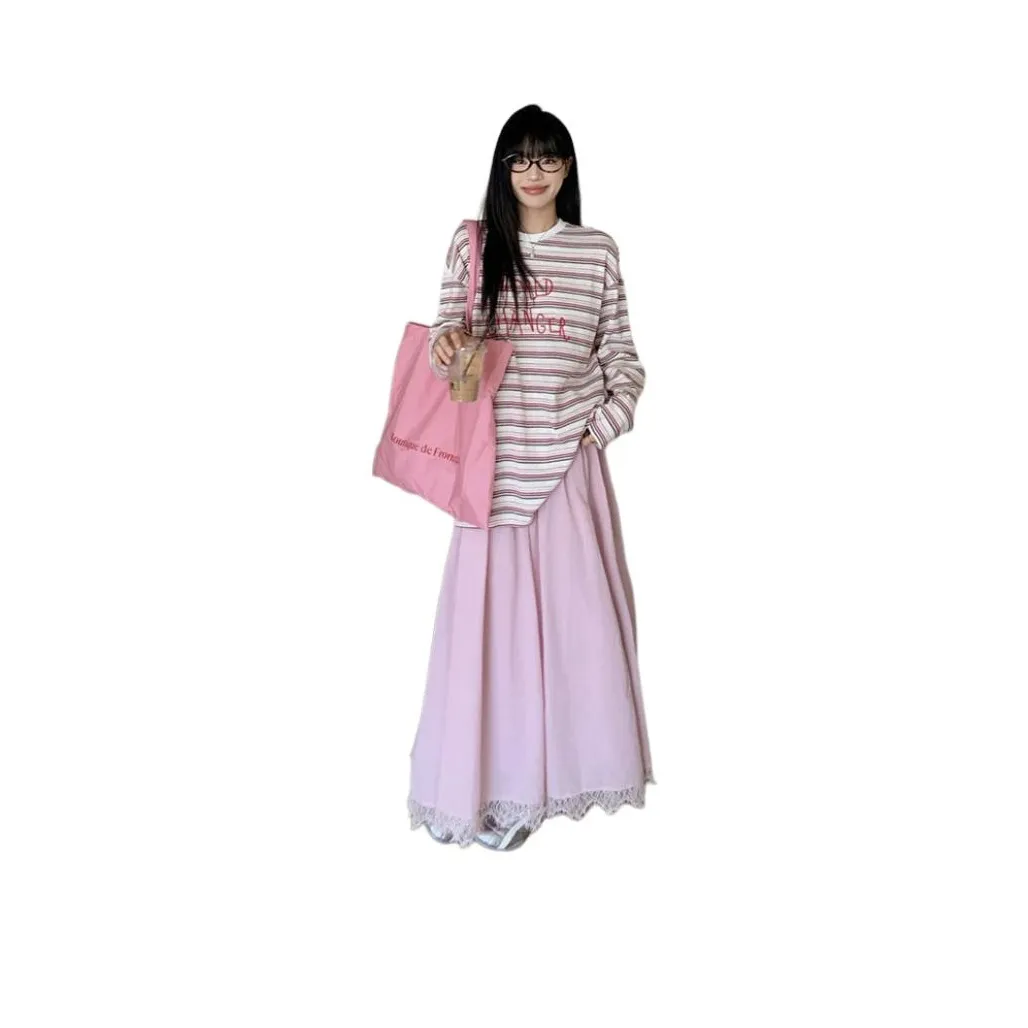 REMOULD Розовый Полосатый Топ + Розовая Юбка с Кружевными Отделками Женские Комплекты с Юбкой