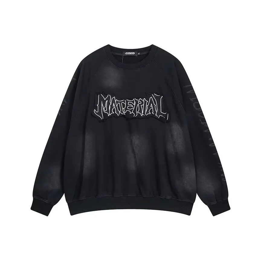 NRXX Мужская одежда Топ American Luxury Streetwear Wasteland Wash Effect Аппликация Вышивка Круглый вырез Свитшот Мужской