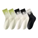 C 자수 크루 삭스 5팩 세트 (2 그린+2 화이트 블랙+1 블랙 화이트)