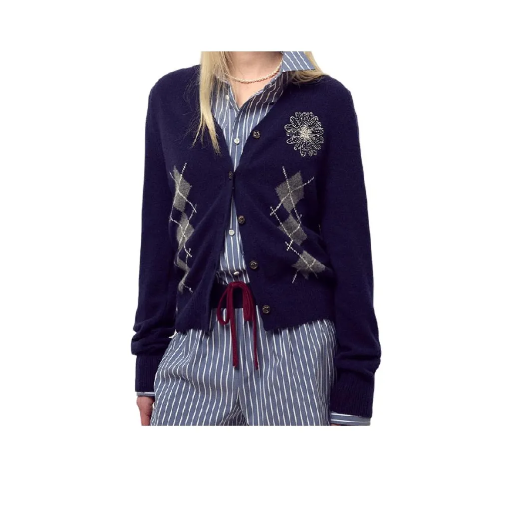 MARDI MERCREDI FW25 Кашемир Смешанный Кардиган V-Шея Argyle_Темно-синий Кремовый Свитер Женские