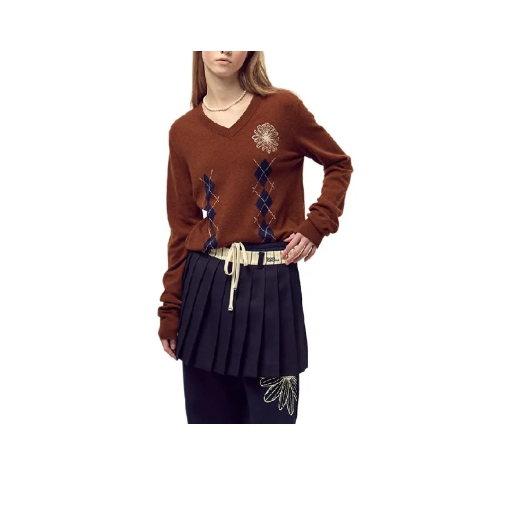MARDI MERCREDI Fw25 Кашемир Смешанный V-Шея Argyle_Каштановый Сливочный Свитер Женские