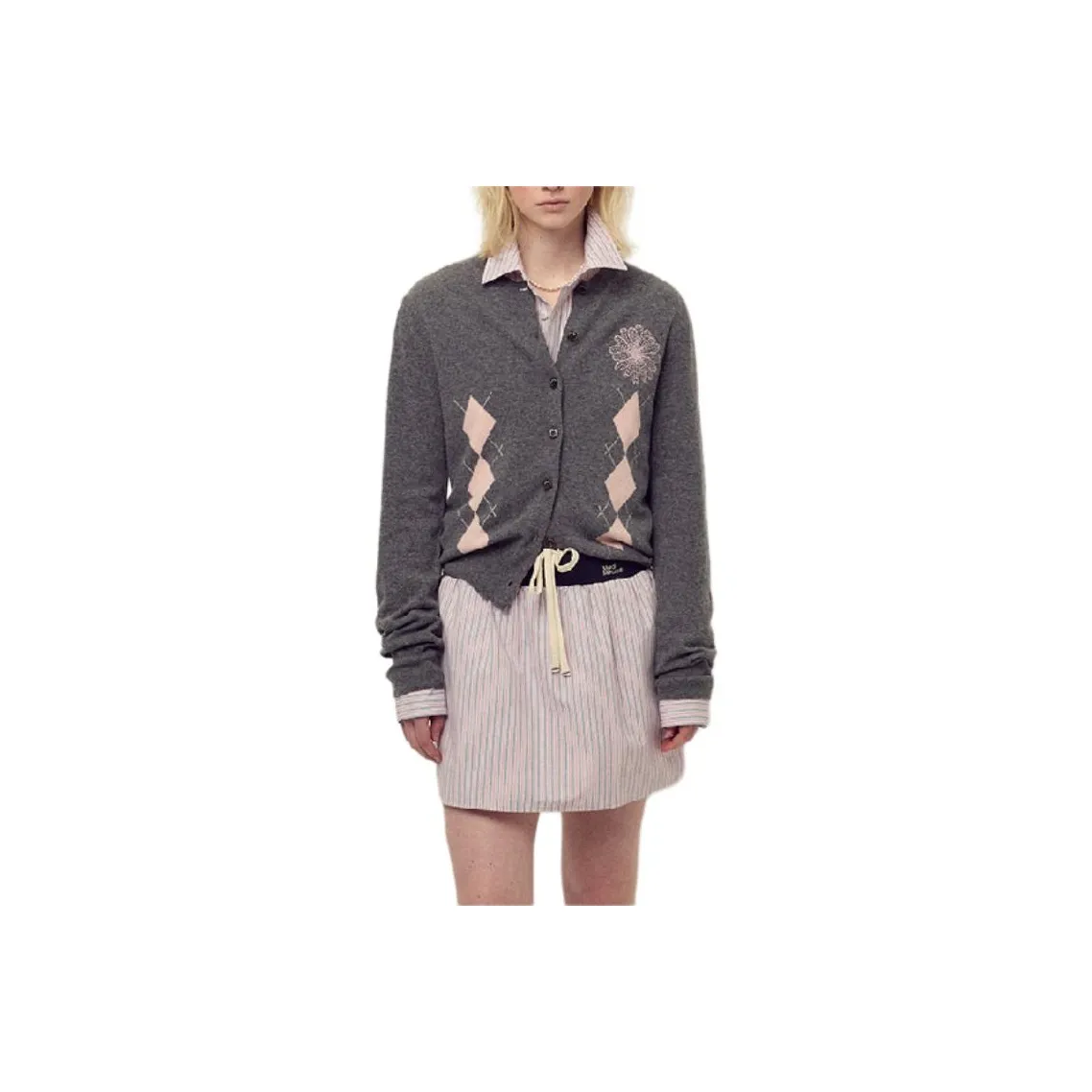 MARDI MERCREDI Fw25 Кашемир Смешанный Кардиган Круглый Вырез Аргайл_DEEPGREY Розовый Трикотаж Женский