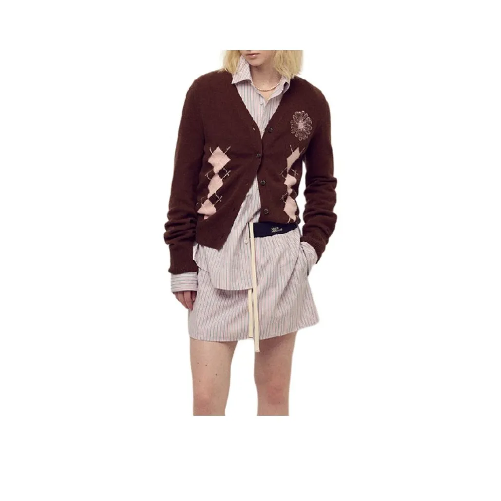 MARDI MERCREDI FW25 Кашемир Смешанный Кардиган V-Шея Argyle_Шоколад Розовый Свитер Женские