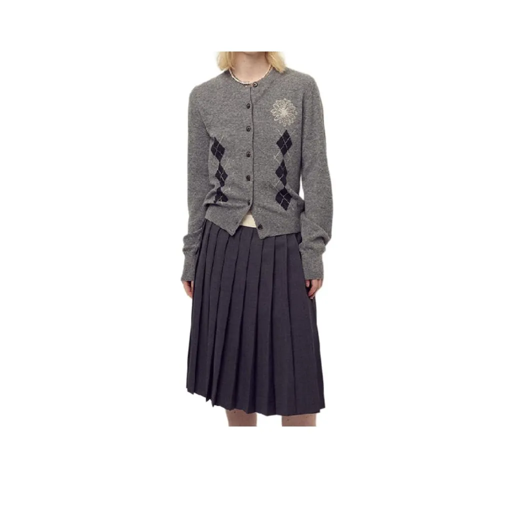 MARDI MERCREDI FW25 Кашемир Смешанный Кардиган Круглый Вырез Аргайл_СЕРЫЙ Кремовый Трикотаж Женский