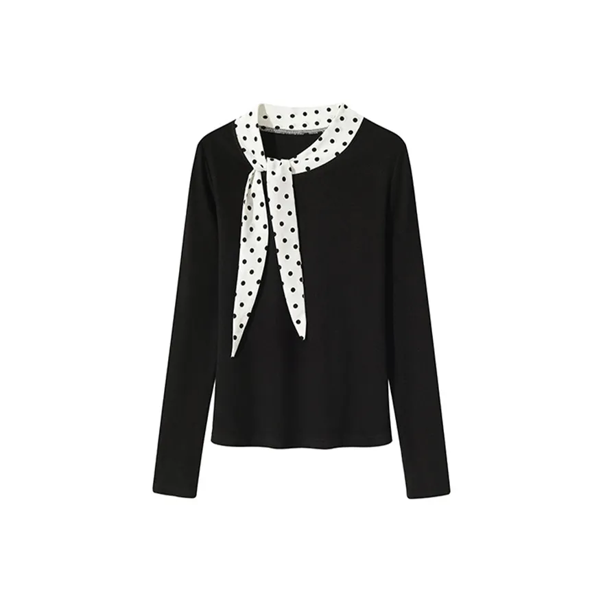 SNZX Черный Цветовой блок Гороховый узор Длинный рукав Т-рубашка Женская Т-рубашка