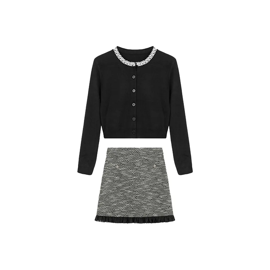 DITB Черный Трикотажный Ткань Топ+Юбка Женские Юбка Комплекты