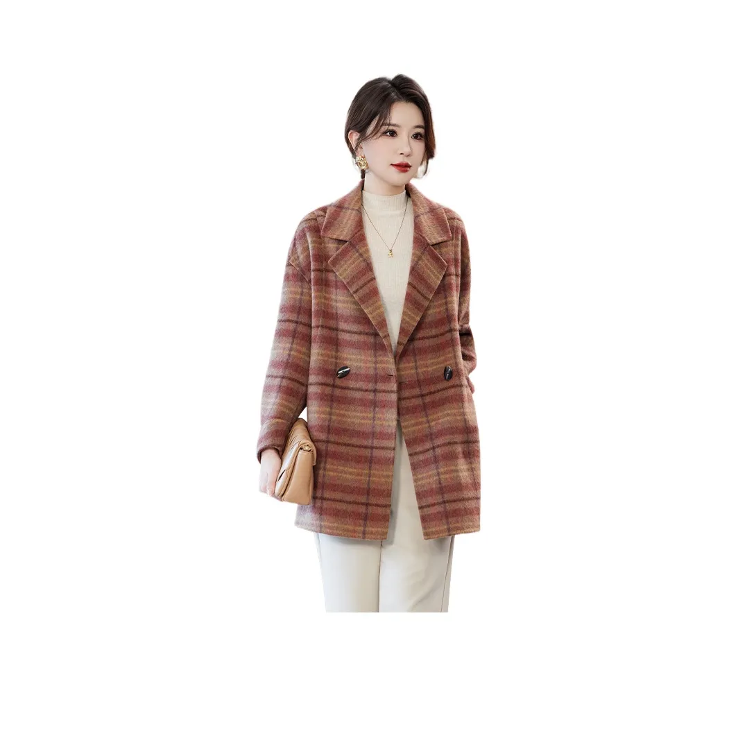 Yi Mengyuan Красный Коричневый Клетчатый Женское Пальто