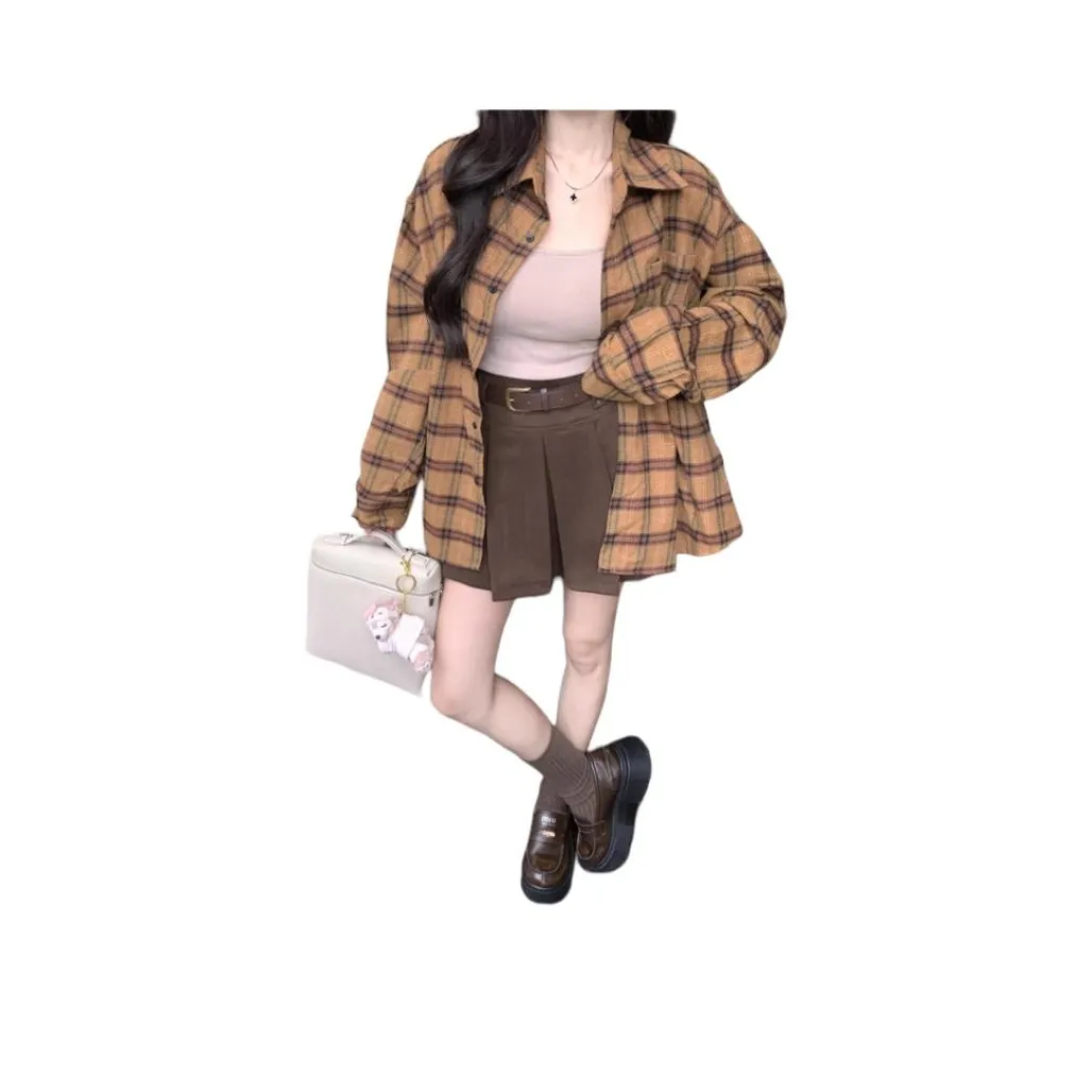 REMOULD Внутренние бретельки + Клетчатая рубашка + Кофейная юбка Женские комплекты с юбкой