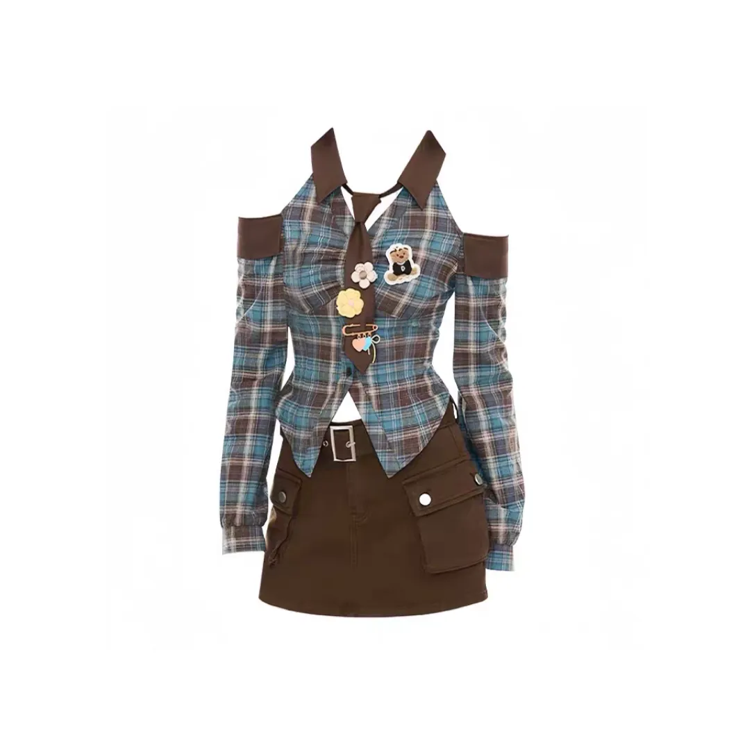 GORGEOUSIDEA Клетчатая рубашка + короткая юбка [Комплекты одежды] Женские юбочные комплекты