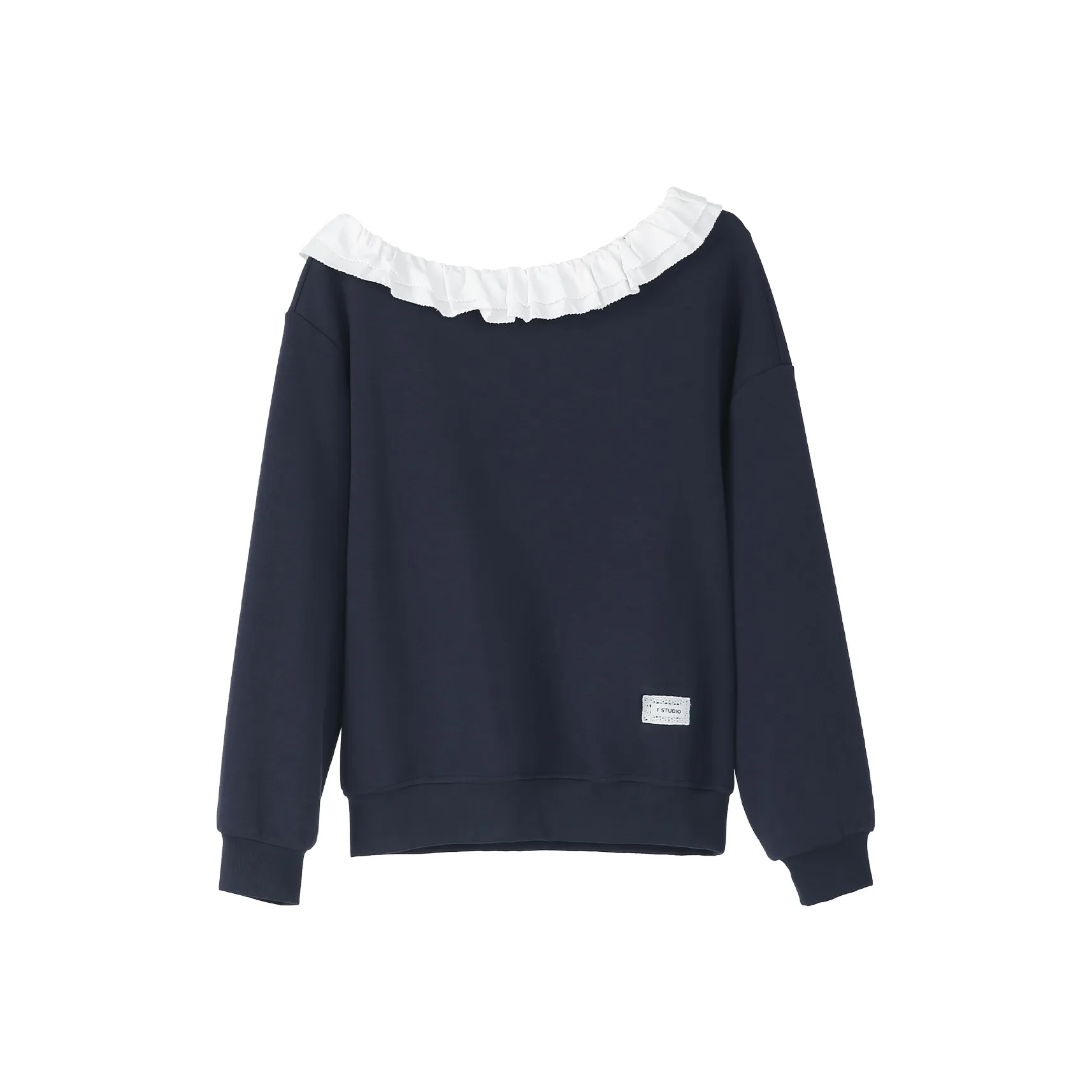 Fstudio Осенний Корейский стиль Сладкий Девушка LOOK Кружево с отделкой Асимметричное плечо Коммутирование Пуловер Свитшот Женские